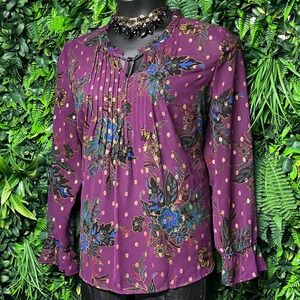 Liz Claiborne Top XL Purple Floral Dot Sheer‎ Long Sleeve Blouse Career 3344